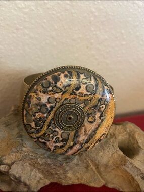 Vintage 80s JAN MICHAELS SAN FRANCISCO Leopard Skin Jasper Brass Cuff Bracelet